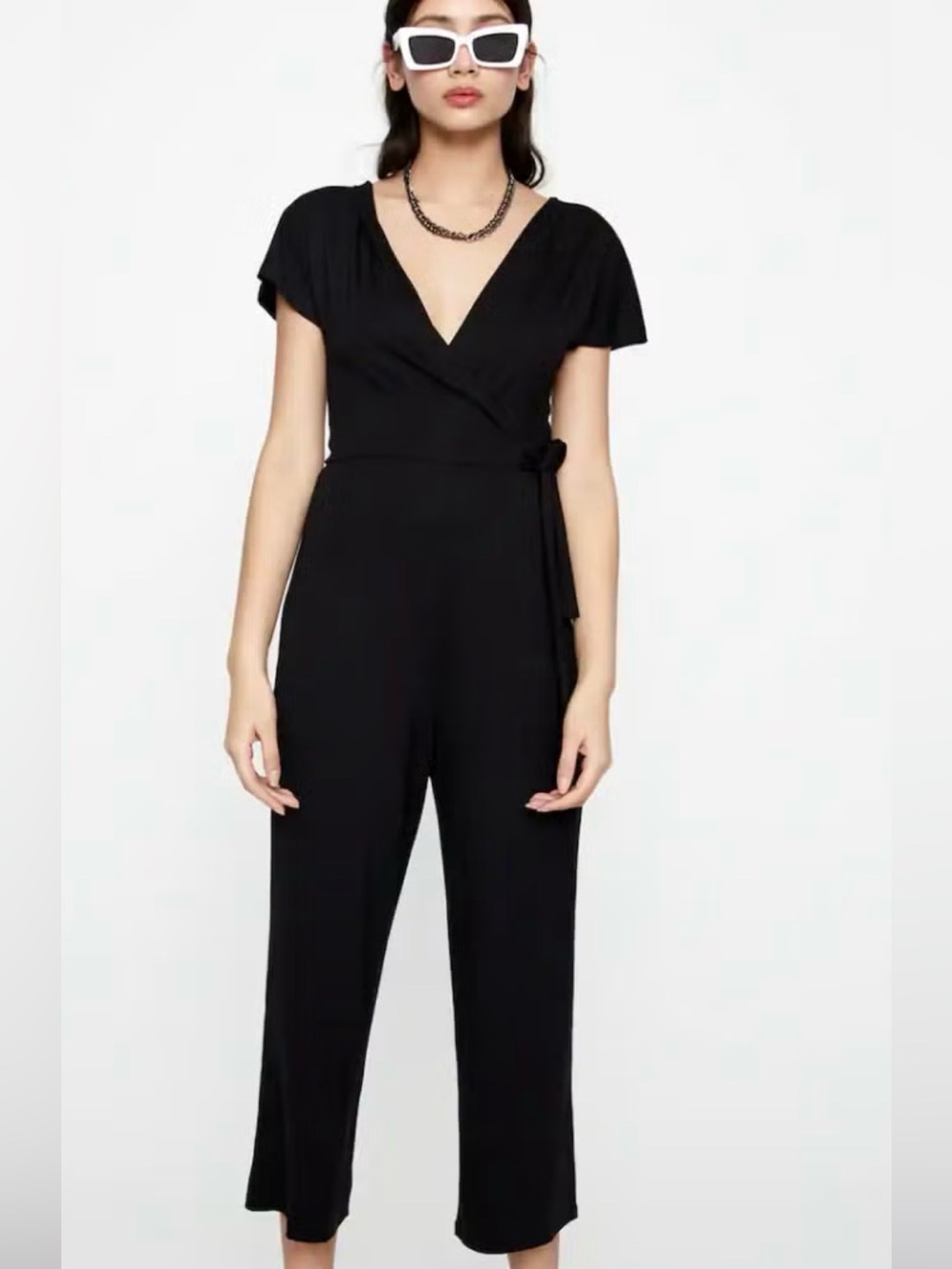 Pull&Bear Black Wrap Jumpsuit with Tie Waist